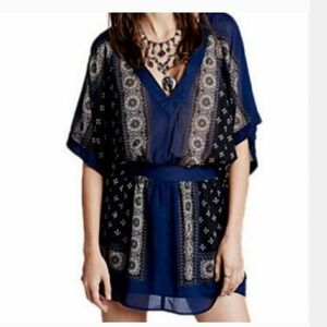 Free People Santa Cruz Kimono Mini Dress V-Neck Tie Sleeve Blue Black Size M